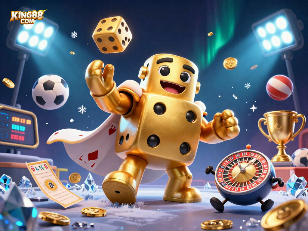 Engage in exciting games at KING88 COM, featuring a lively scene of dynamic casino elements.