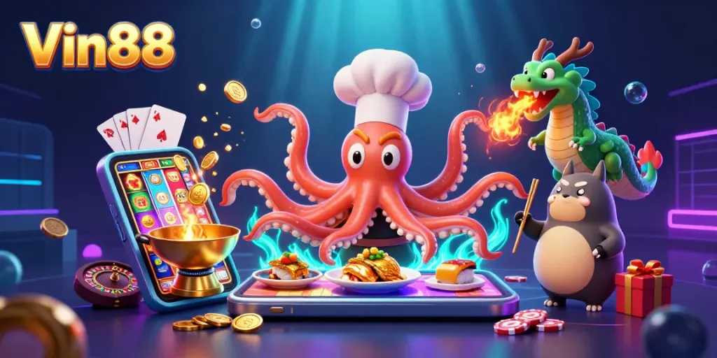 Experience the thrill of Vin88 with a vibrant casino scene featuring a chef octopus and a dragon!
