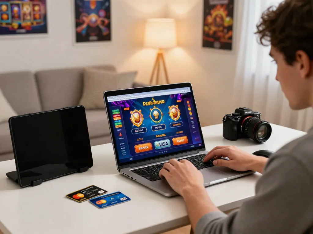 Player experiencing excitement at credit card casinos with vibrant game interface and premium accessories.