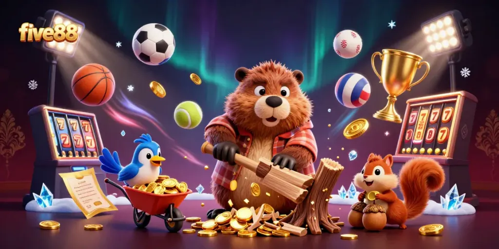 Experience thrilling wins with five88 as a joyful beaver collects golden coins in a vibrant casino setting filled with action.