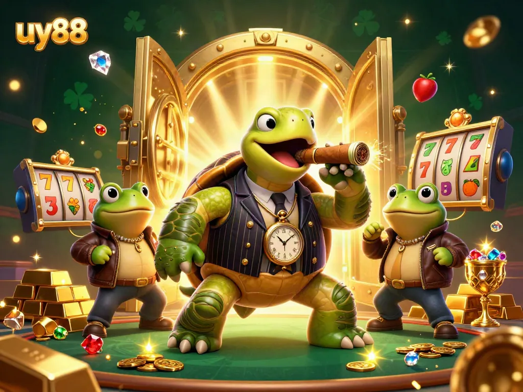 Engaging gameplay at uy88 with a dynamic scene featuring a large turtle in a vintage suit surrounded by casino treasures.
