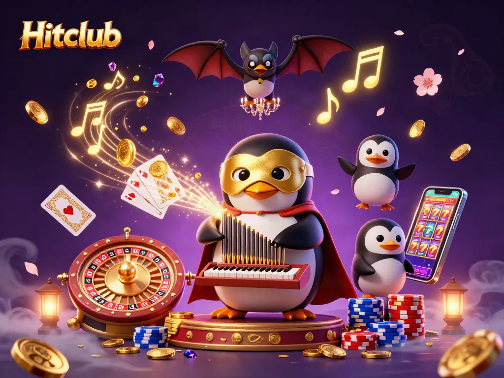 Hitclub captivates as a penguin plays an organ shooting coins, enchanting the casino world.