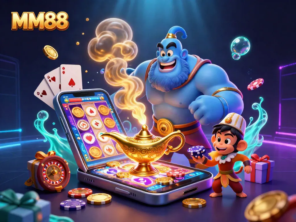 Win big with MM88 as a blue genie and Aladdin's monkey bring fun to casino gaming.