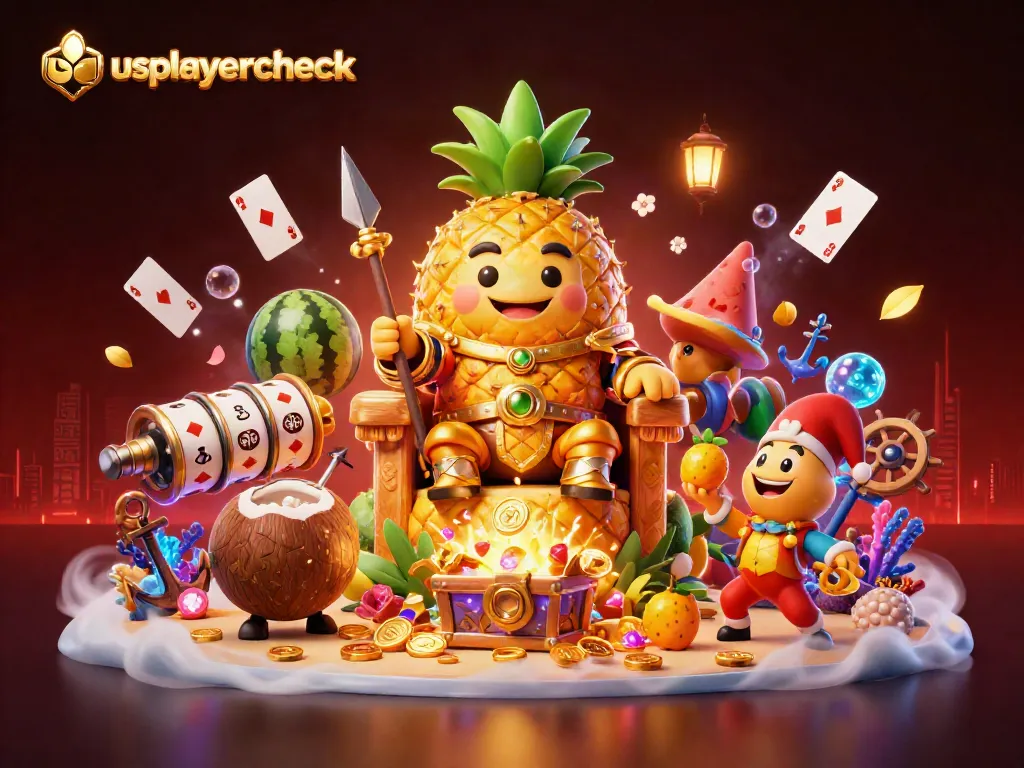Play at the vibrant beach casino scene with usplayercheck characters, golden symbols, and dynamic cards.