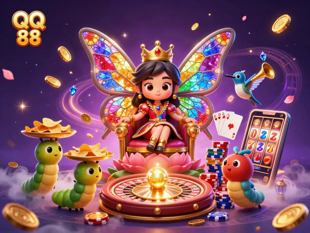 Experience the excitement of QQ 88 with a vibrant 3D casino scene featuring games and big wins.