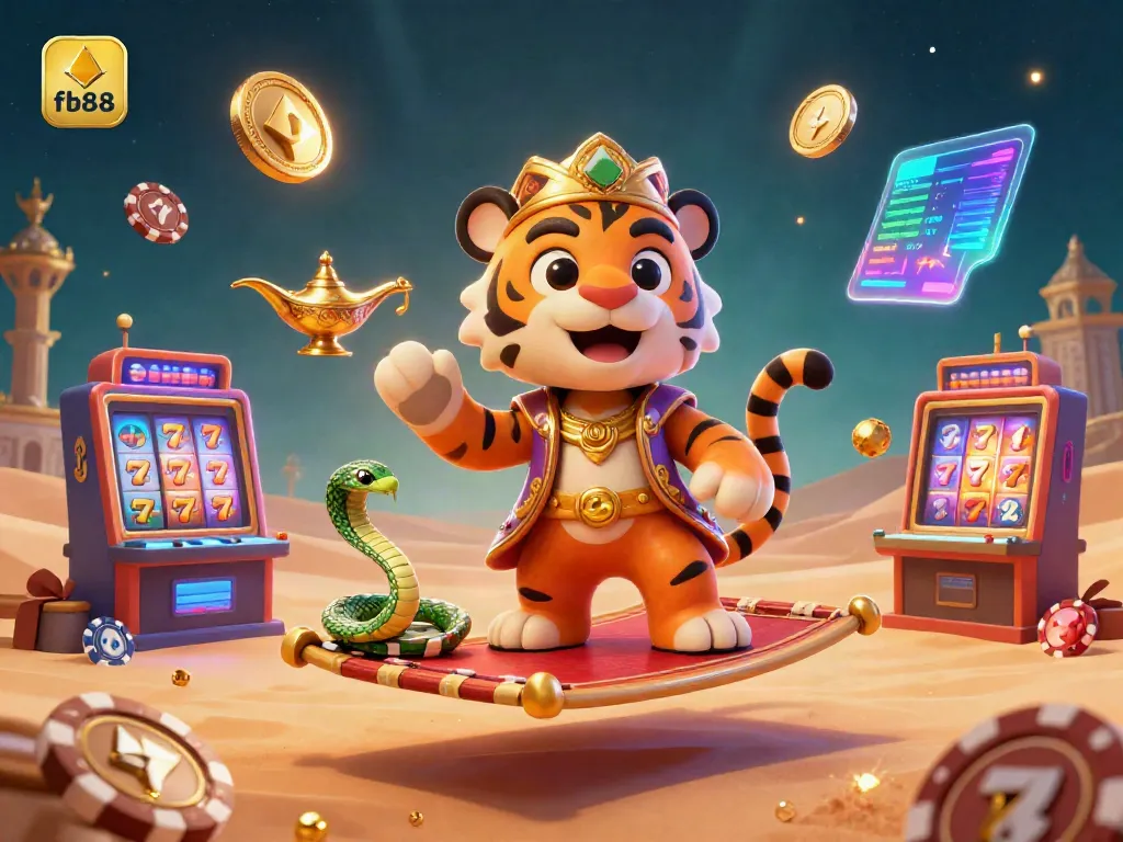 Experience the thrill of fb88 gaming with a rich scene featuring a tiger sultan, magic lamp, and vibrant casino elements.