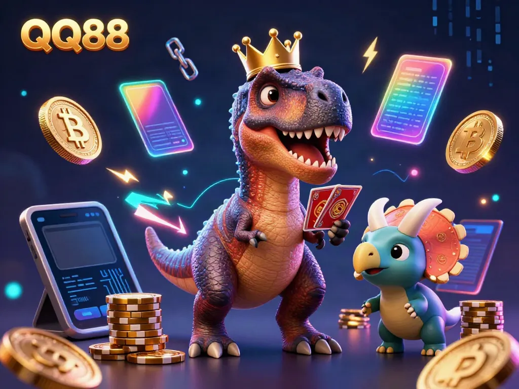 Experience the dynamic world of QQ88 with a charming T-Rex card dealer and playful characters amidst glowing crypto coins.
