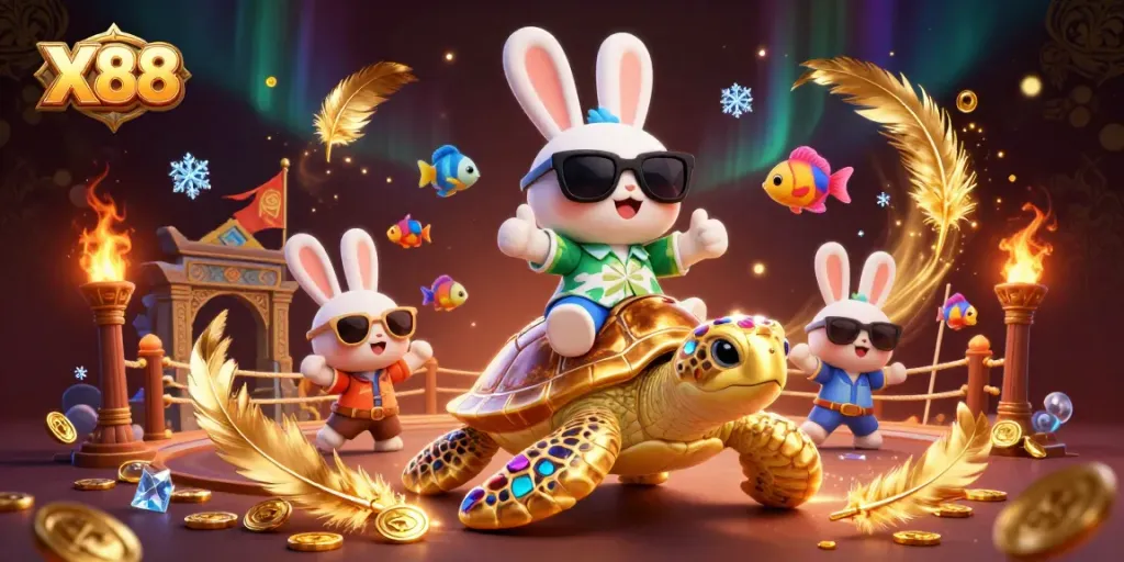 X88 celebrates winning strategies with a charming rabbit and a golden sea turtle in a vibrant casino scene.