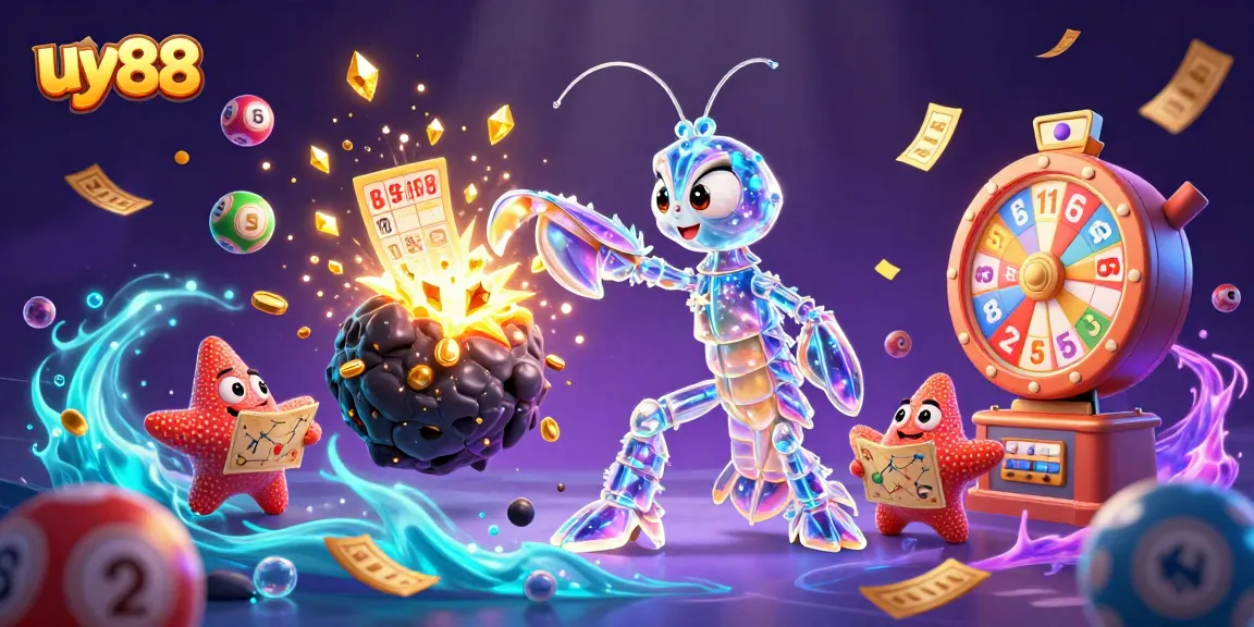 Engage with uy88's vibrant gaming scene, featuring dynamic lottery elements and colorful characters.