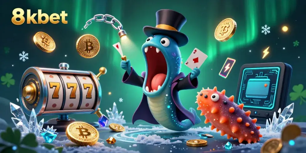 Experience the magic of 8xbet with a bioluminescent eel performing card tricks in a vibrant casino scene.