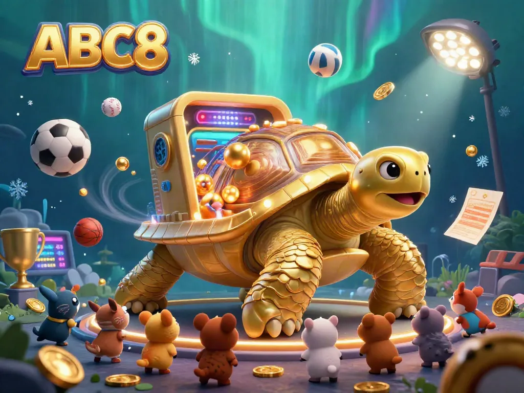 A colorful 3D illustration of ABC8 showing a colossal golden tortoise hosting a lively gambling arcade scene with sports elements.
