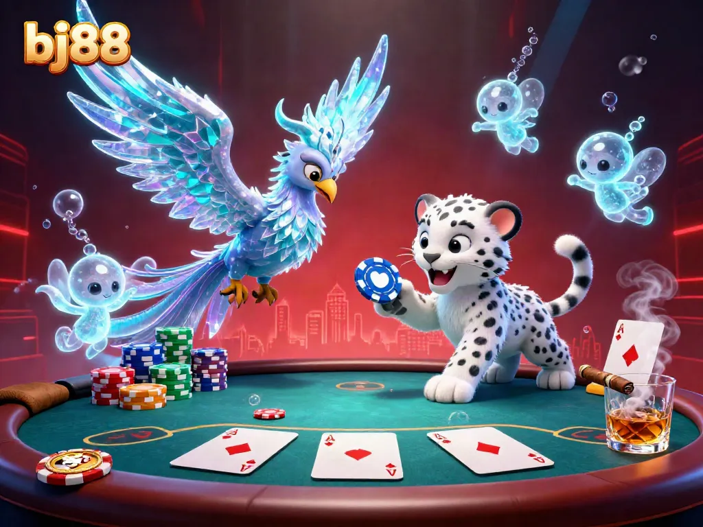 Engage with bj88's vibrant casino atmosphere featuring an ice phoenix and playful leopard cub with poker chips.
