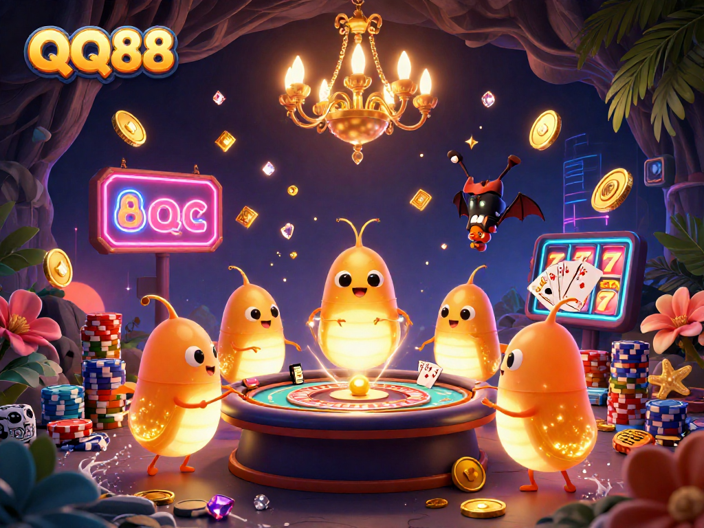 Experience excitement at QQ88 casino with glowworms illuminating a vibrant game scene.