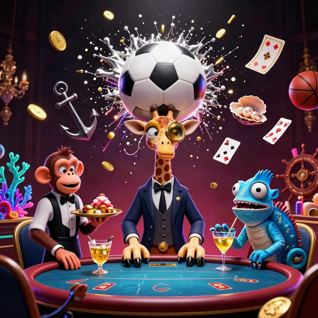 Ground-level soccer blast with luxe animal casino characters, coins, coral, and neon casino effects.