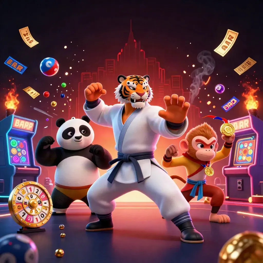 Kung-fu tiger, panda, and monkey amid casino prizes, reels, balls, and fiery neon lights.