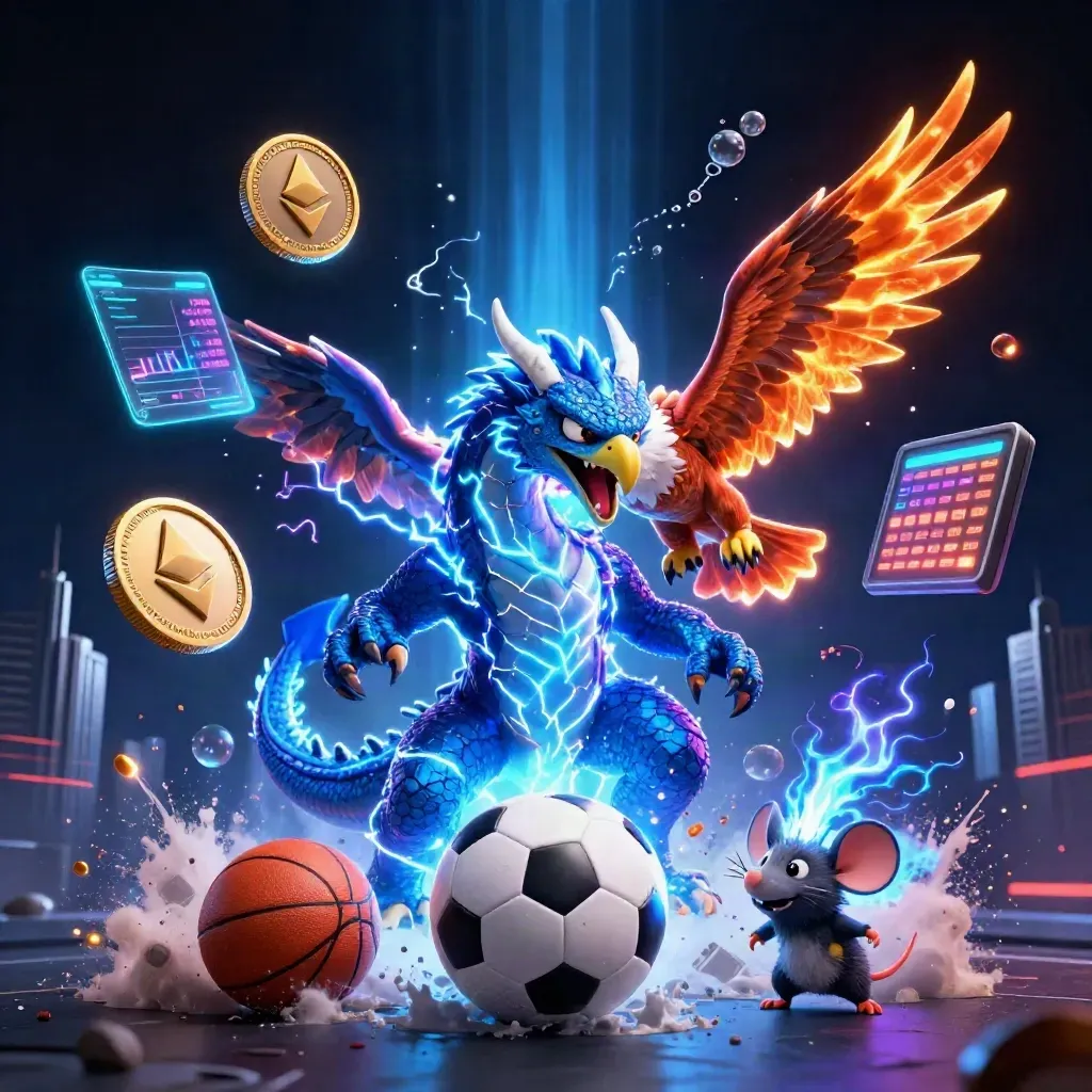 Thunder dragon, glowing hawk and static mouse amid crypto coins, soccer ball, basketball and neon casino effects.