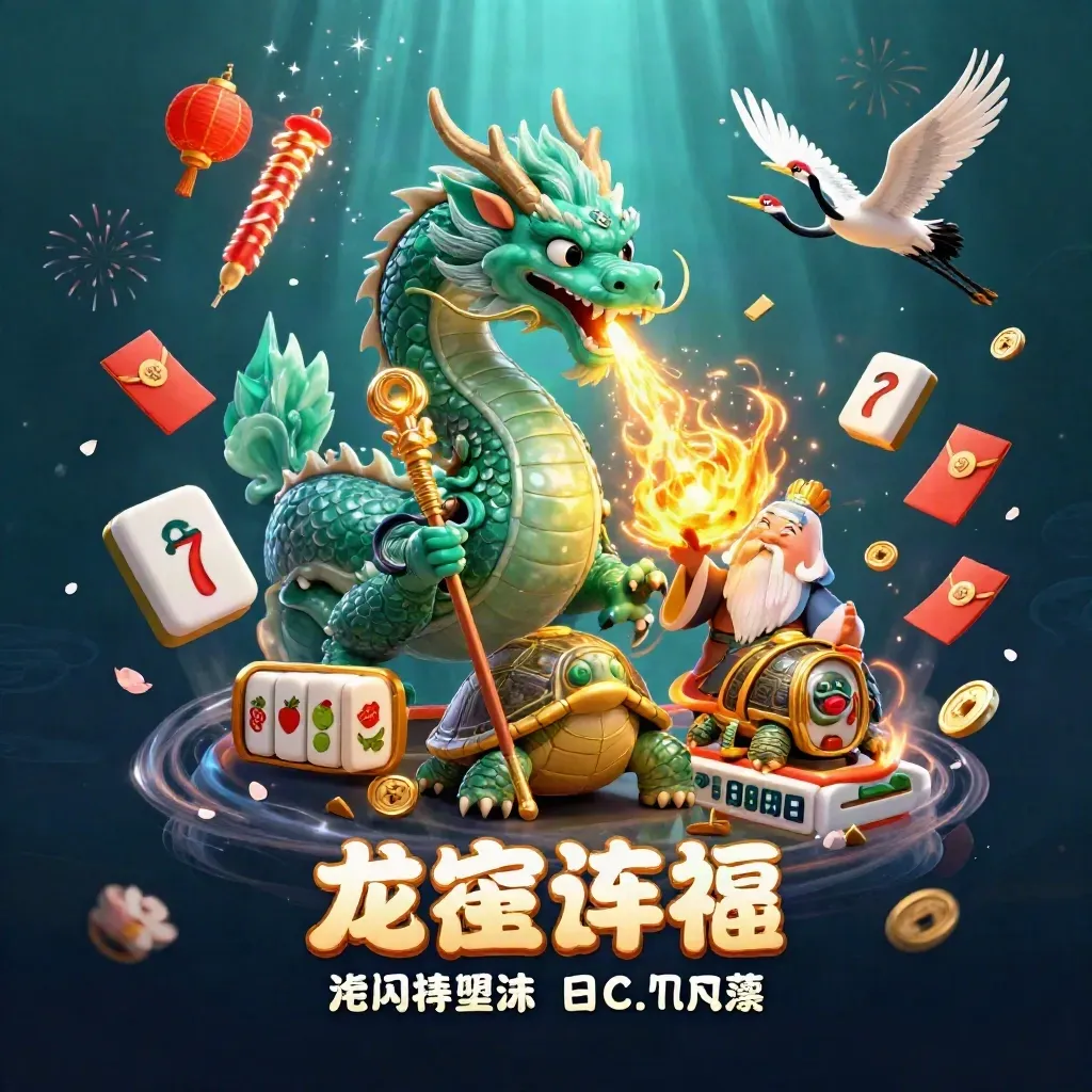 Emerald dragon, turtle sage, and cranes amid gold fire, jade coins, and casino magic in a dark blue glow.