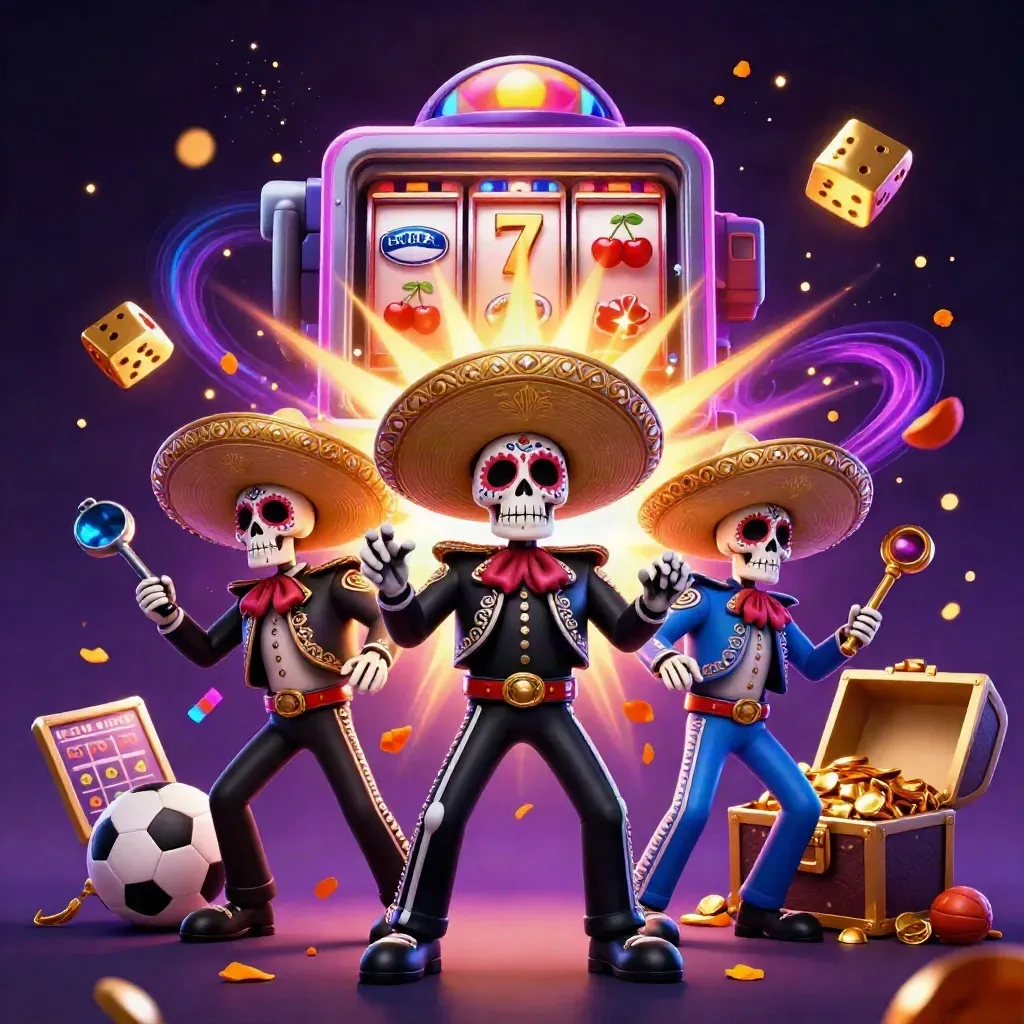 Skeleton mariachi trio amid exploding slot machine, gold symbols, sports balls, and neon casino lights.