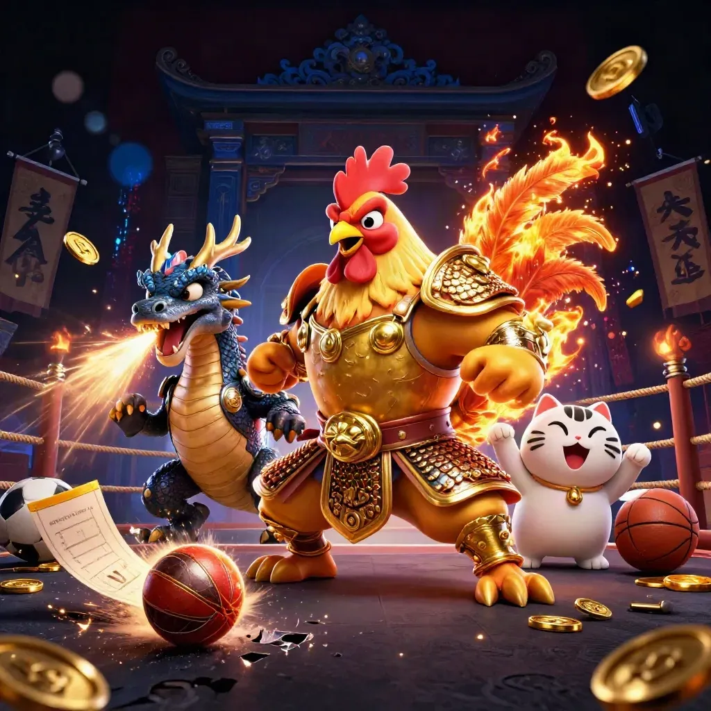 Rooster warrior, dragon hatchling, and fortune cat burst through neon casino sports energy.