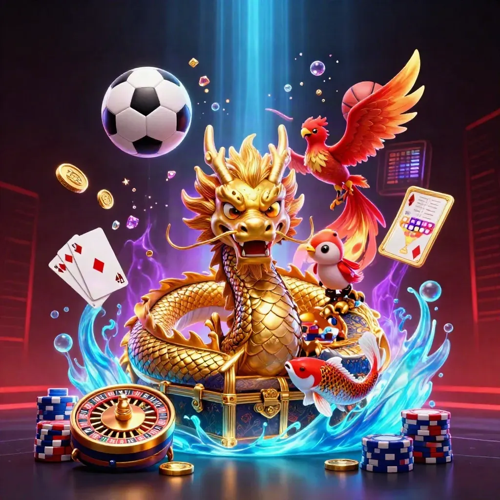 Fantasy dragon, phoenix, koi and casino icons explode in cobalt and gold light.