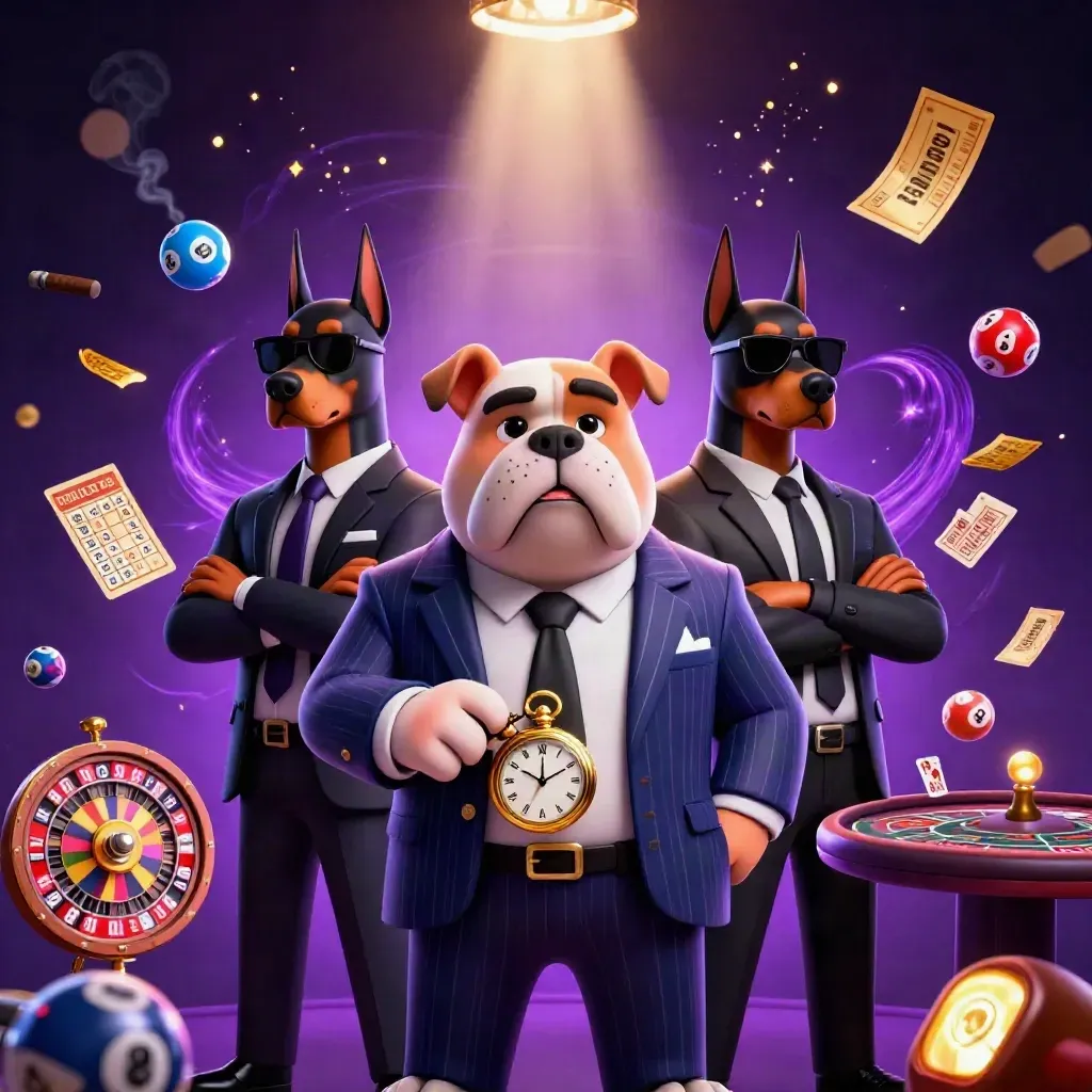 Bulldog boss and two Dobermans amid casino props, glowing prize wheel, purple starry backdrop.