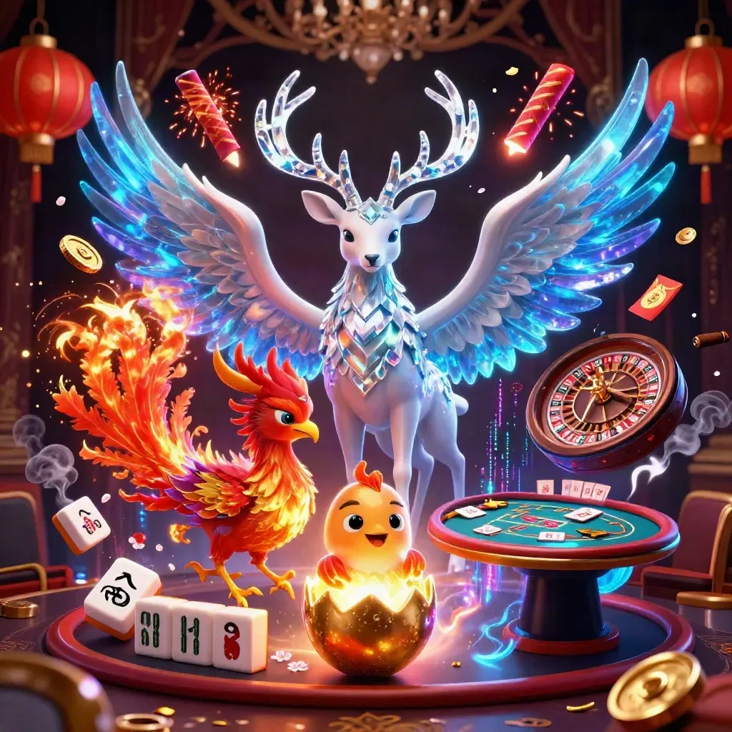 Phoenix, stag, and glowing casino props in a luxe cobalt-gold casino scene.