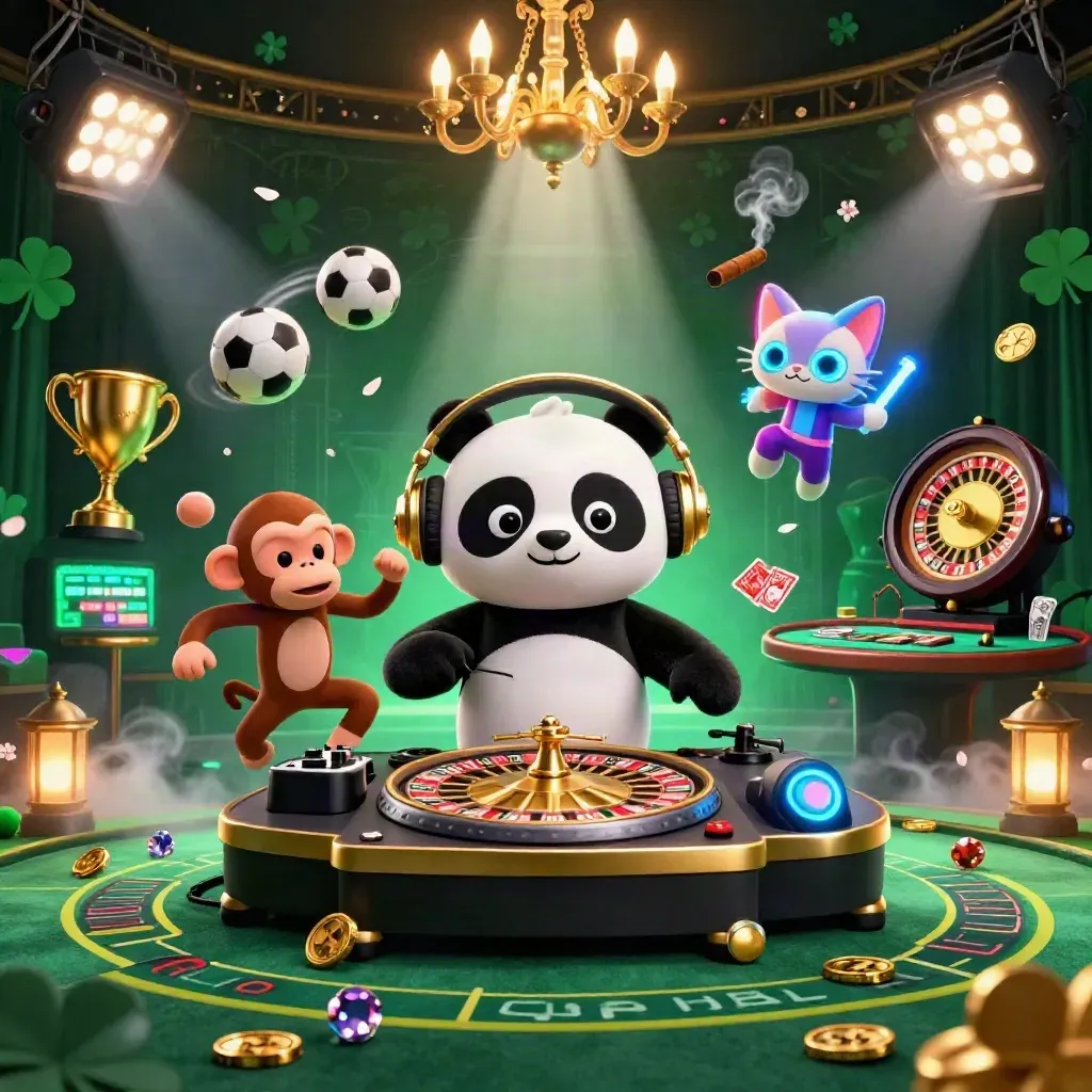 Panda DJ, dancing monkey, and glow kitten in luxe casino chaos with sports balls and gold glow.