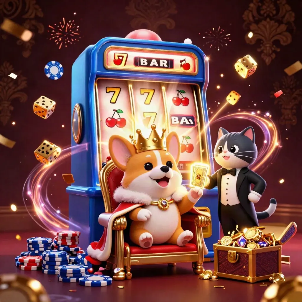 Royal corgi and cat butler amid exploding jackpot slot machine, gold, gems, and confetti.