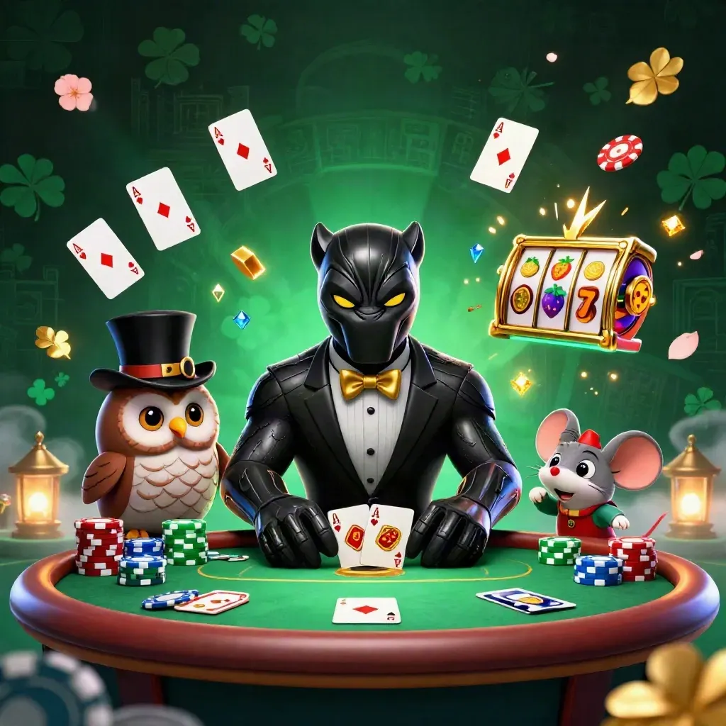 Panther, owl, and mouse deal cards amid chips, aces, and glowing casino magic.