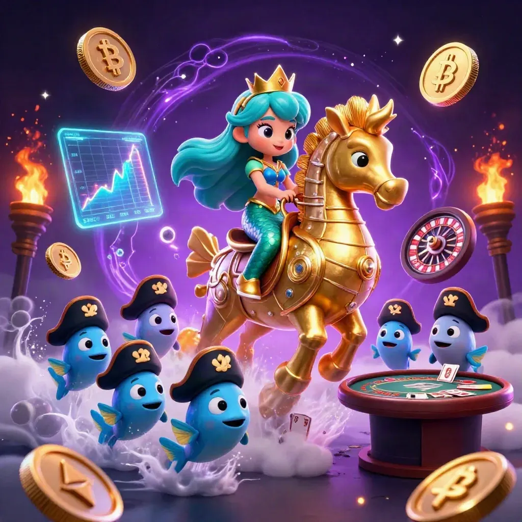 Mermaid princess on armored seahorse with pirate fish, crypto coins, charts, and glowing lightning.