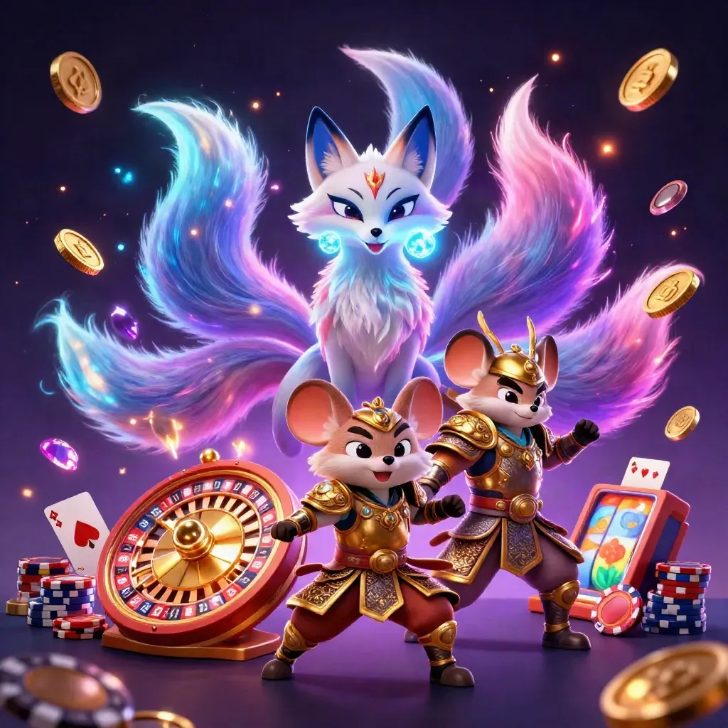 Nine-tailed fox spirit and samurai mouse amid coins, gems, roulette wheel, cards, and chips in neon casino light.