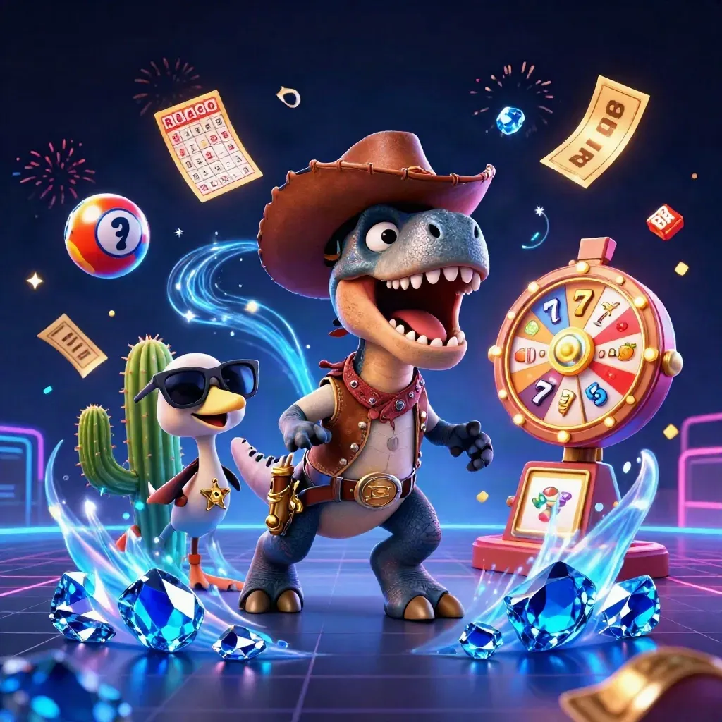 Cowboy T-Rex trio with casino bursts, cobalt gems, and neon treasure on a dark luxe grid