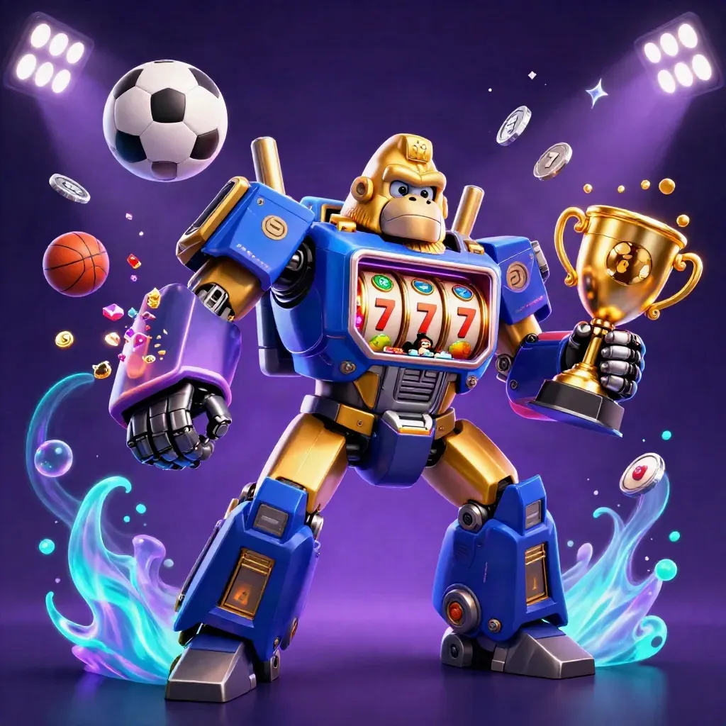 Golden gorilla slot mech with monkey pilot, flying sports balls, coins, trophy, and cobalt neon glow.
