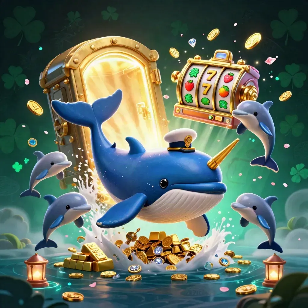 Whale captain, narwhal, and dolphins burst through coins beside a glowing treasure vault.