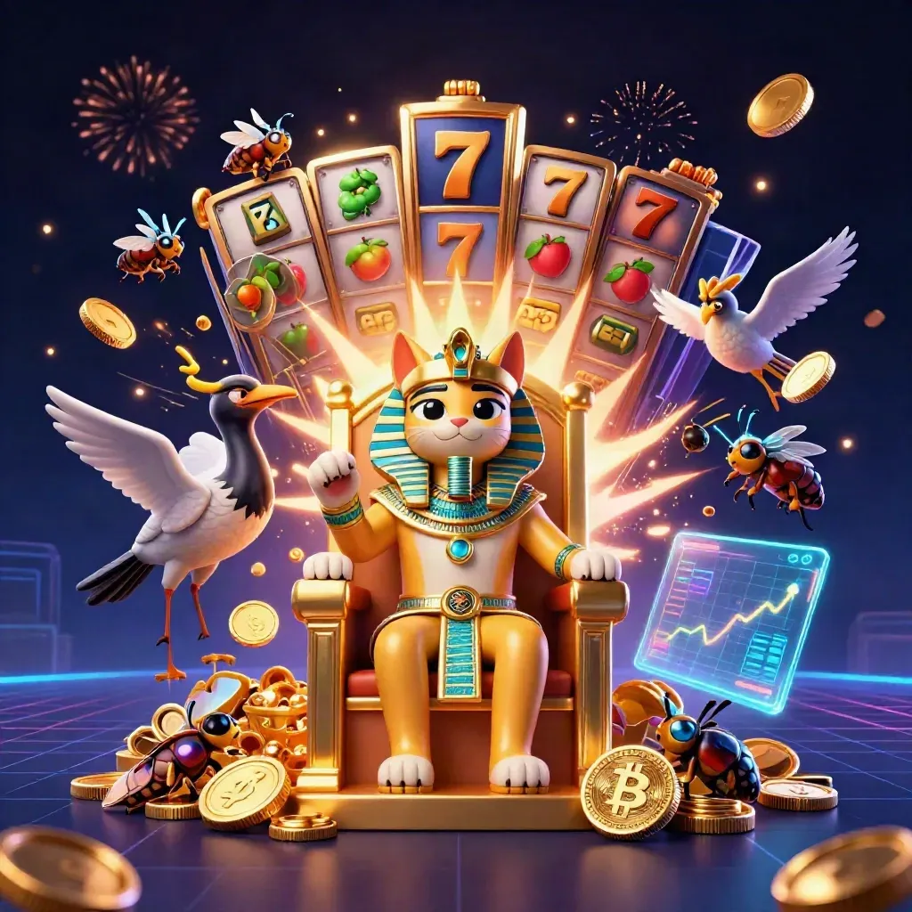 Pharaoh cat, ibis scribe, and gem-winged scarabs amid coins, lightning, and casino riches.