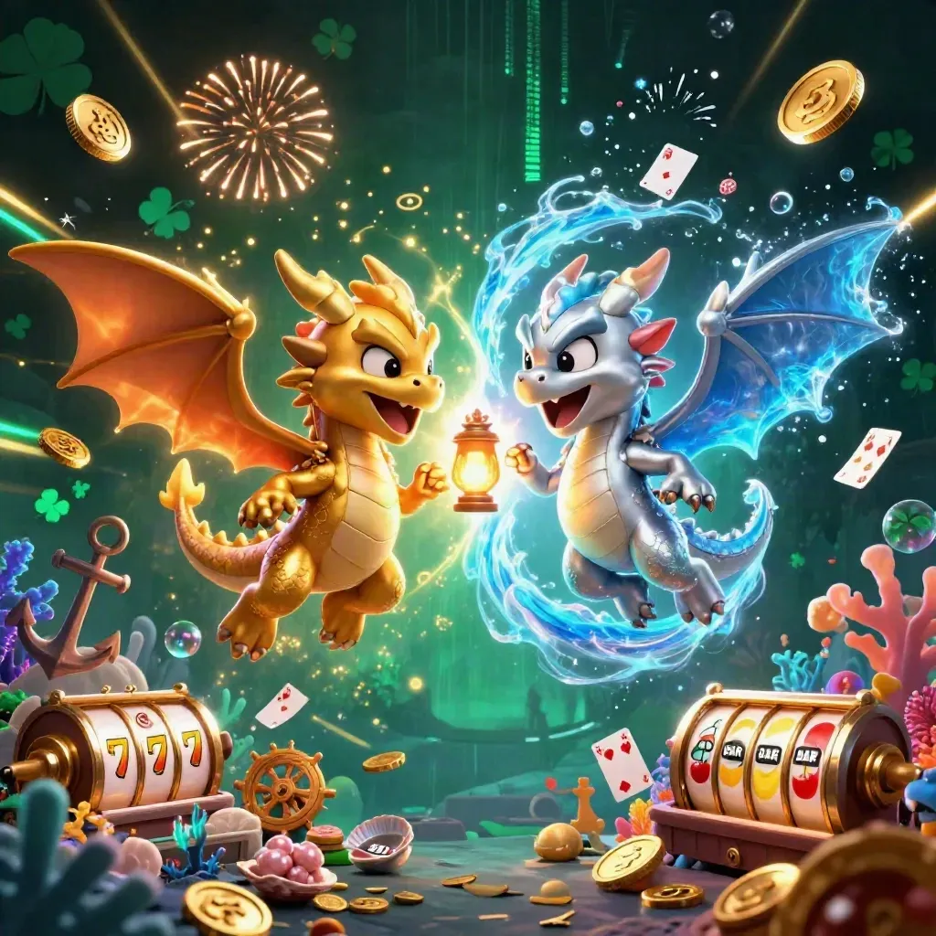 Two intertwined gold and silver dragons amid coins, coral, reels, and treasure in neon casino glow.
