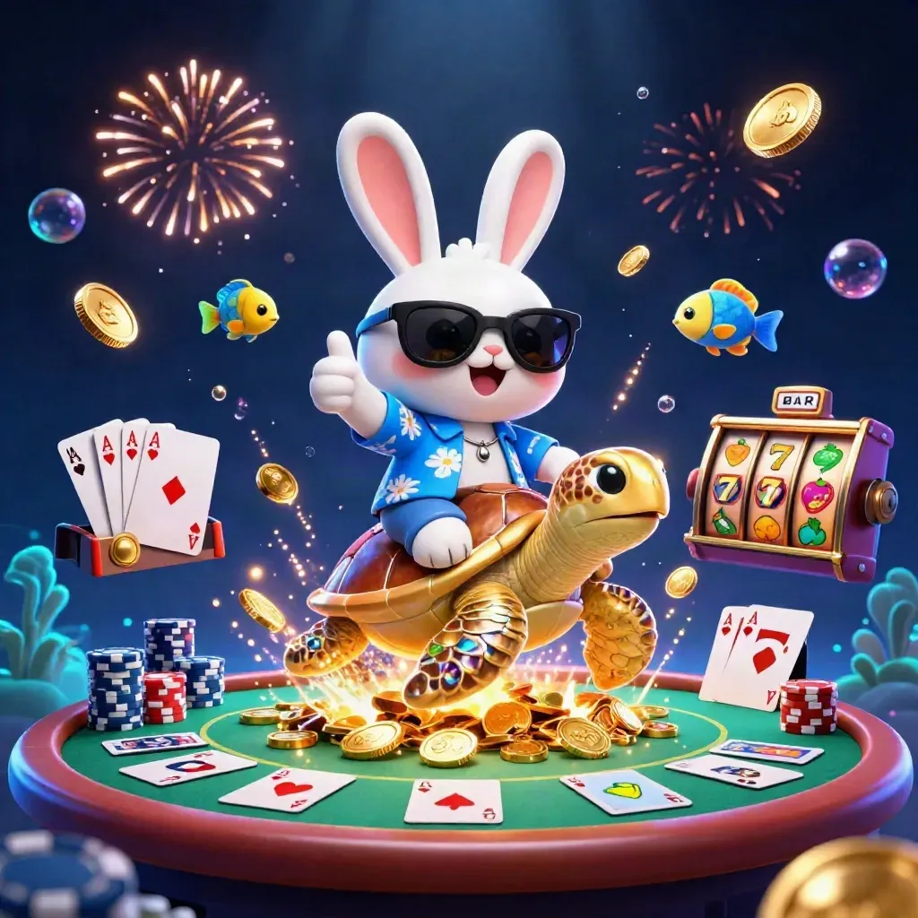 Lucky rabbit rides a jeweled turtle amid casino chips, cards, coins, fireworks, and neon underwater glow.
