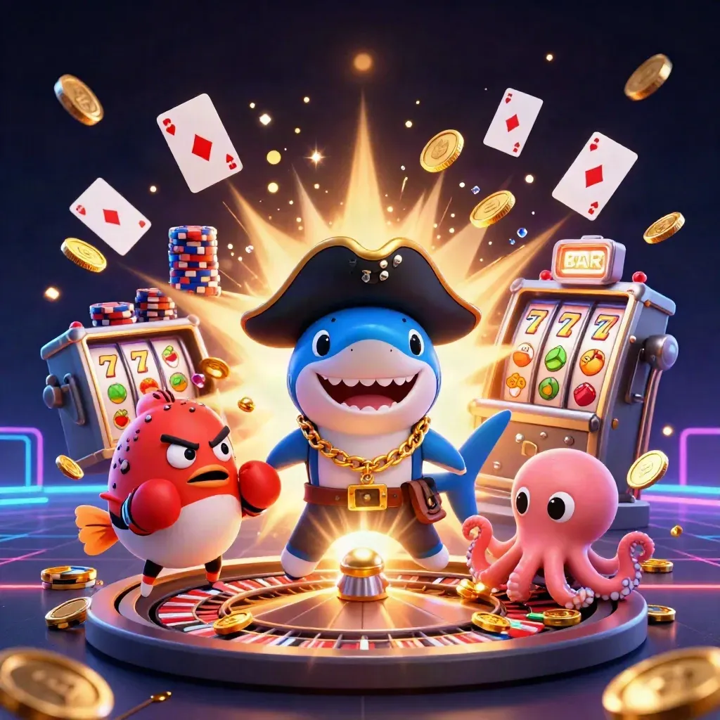 Pirate shark, angry pufferfish, and baby octopus amid coins, chips, cards, and casino lights.
