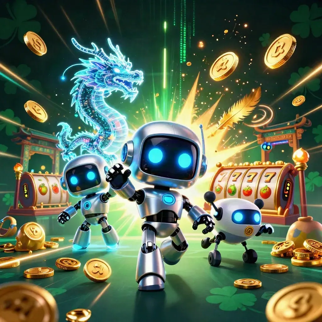 Cyberpunk robot, holographic dragon and coin drone amid gold, temple gate and casino effects.