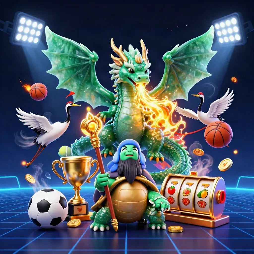 Emerald dragon, turtle sage, cranes, and casino symbols burst in a neon-dark splash screen.