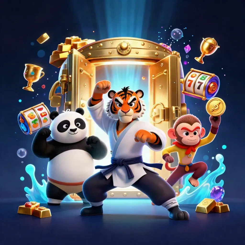 Tiger, panda, and monkey raid a glowing treasure vault with slot reels and gold.