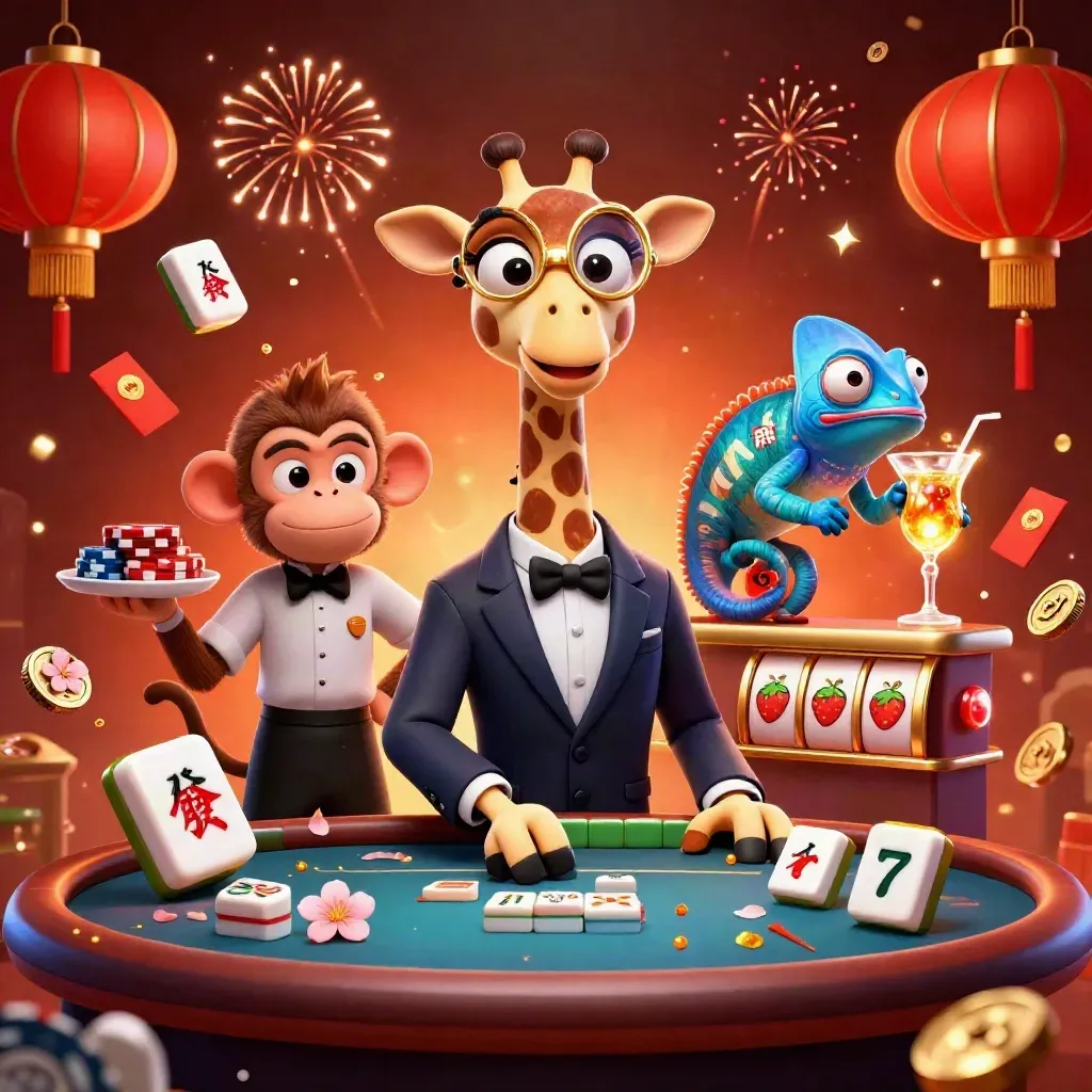 Three casino mascots at a VIP poker table with gold coins, lanterns, and slot reels.