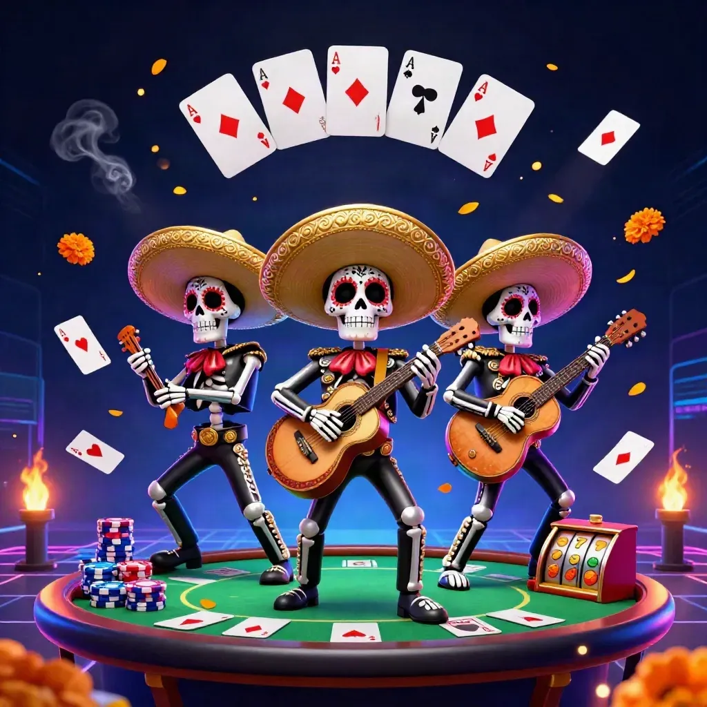 Three mariachi skeletons amid poker chips, aces, slot reels and neon casino lights.