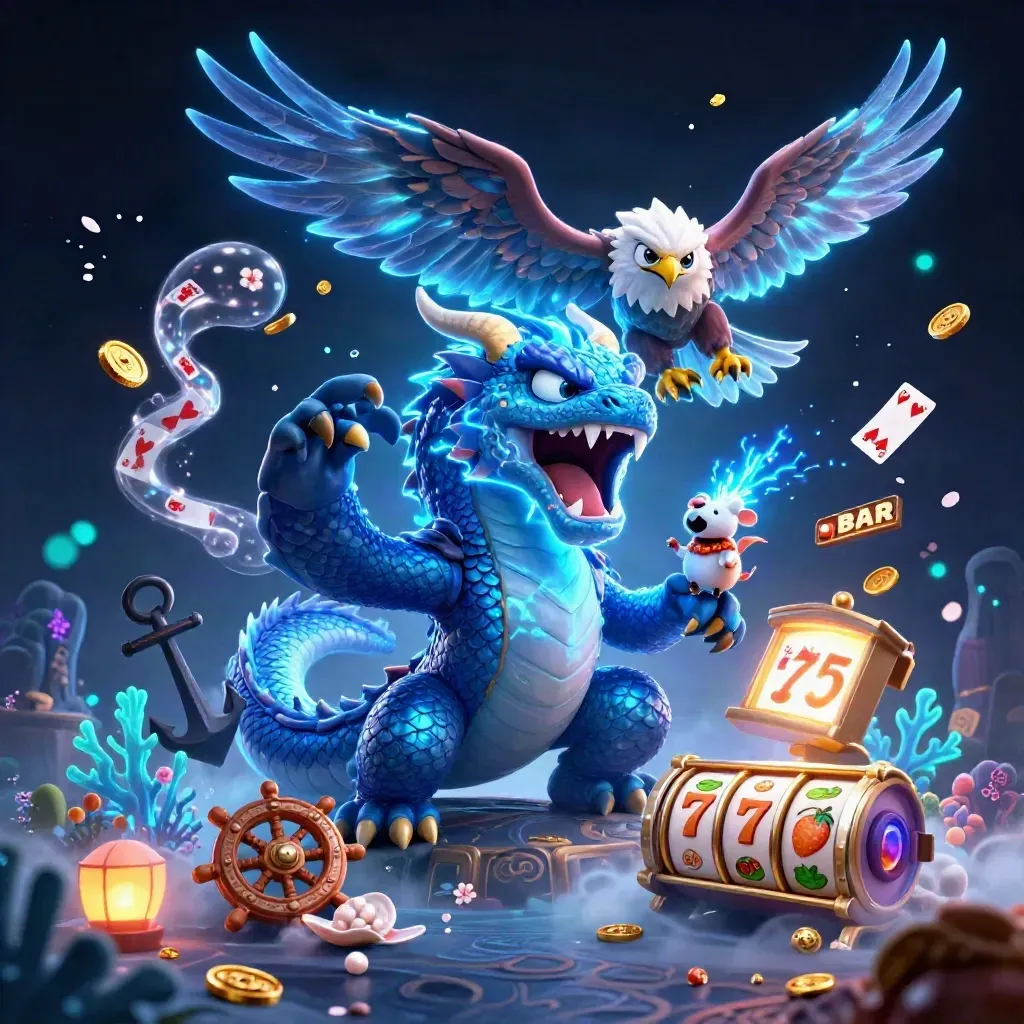 Thunder dragon, wind hawk, and thunder-mouse amid slot reels, coins, coral, and casino magic