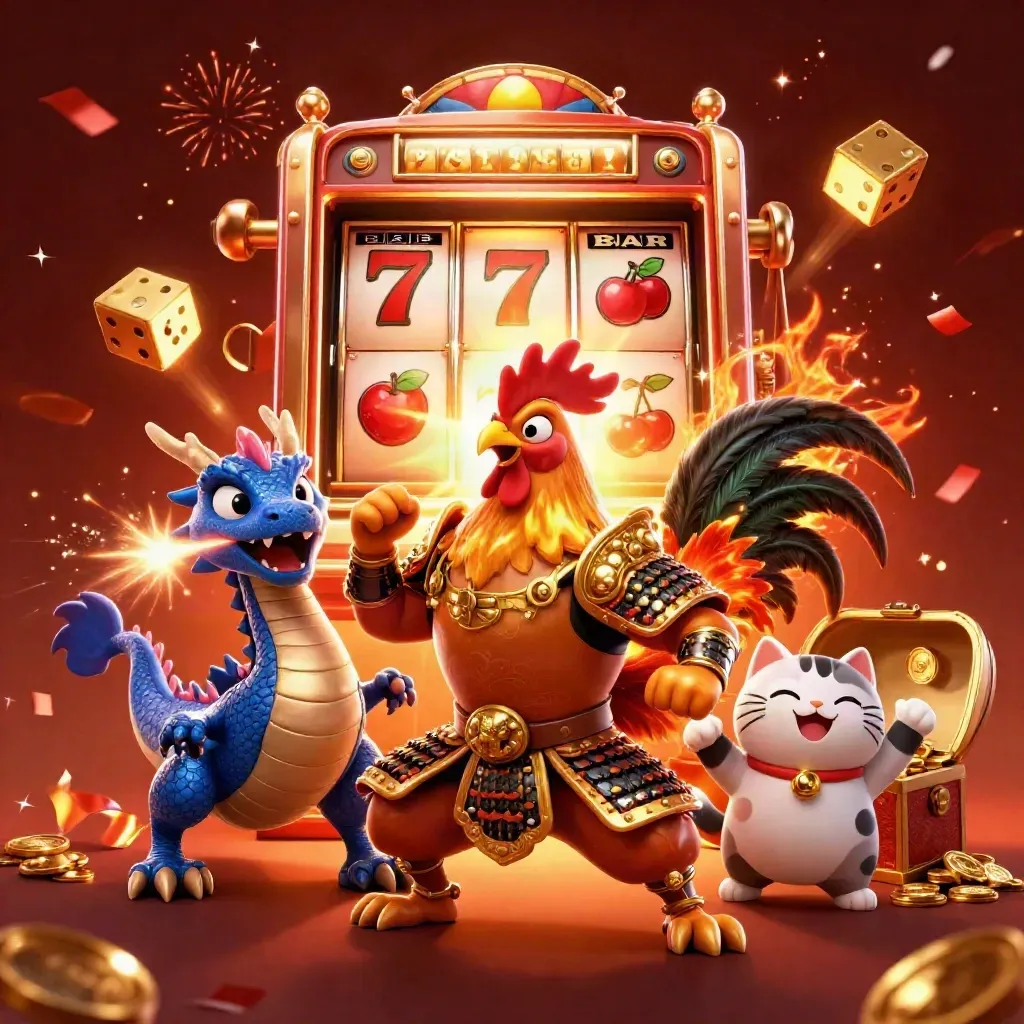 Rooster warrior, dragon hatchling, and fortune cat burst from a golden slot machine amid sparks and gold.