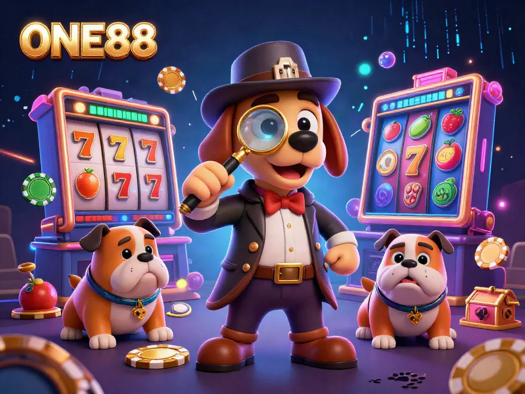 Engage with ONE88 as a detective discovers clues among dynamic casino elements in a rich 3D illustration.