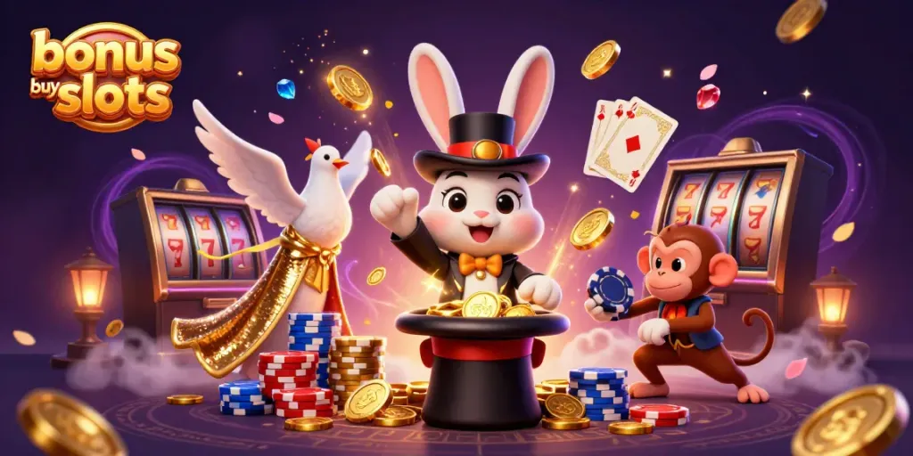 Experience the thrill of bonus buy slots with a vibrant scene featuring a magician rabbit and bright casino elements.