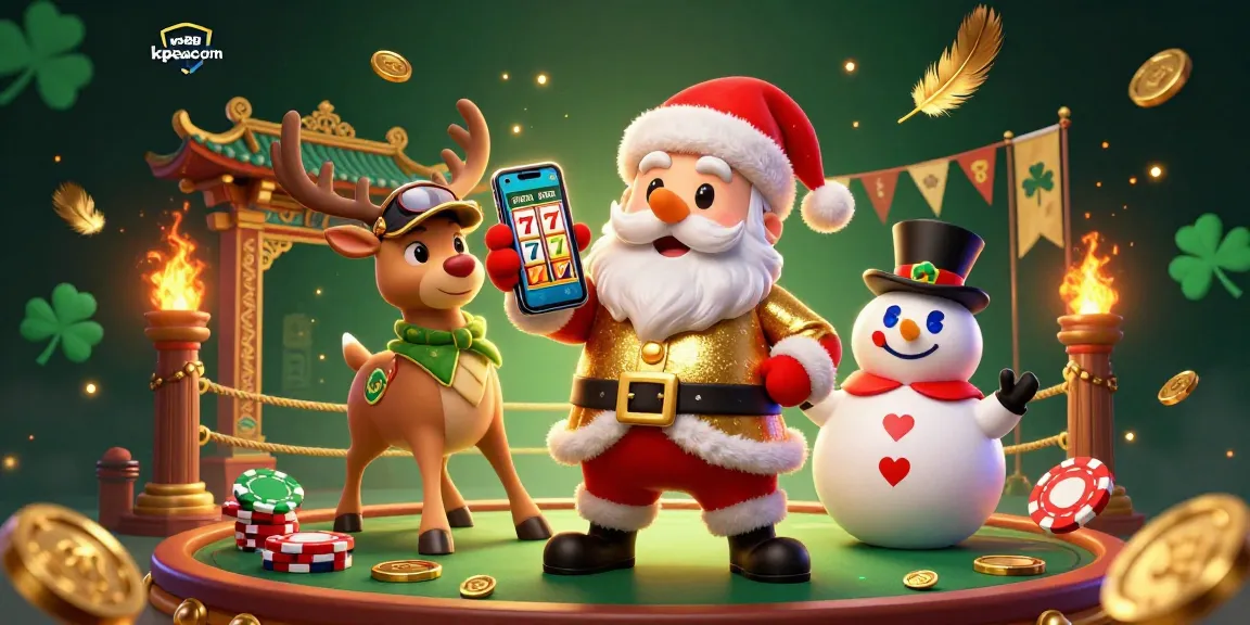 Experience the magic of kp88eucom with Santa and friends in a vibrant 3D casino illustration showcasing slots and excitement.