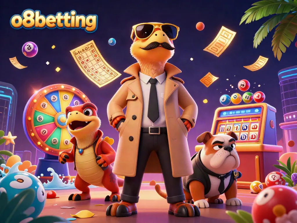 Experience o8betting with raptors entering a VIP casino, surrounded by colorful lottery balls and golden tickets.