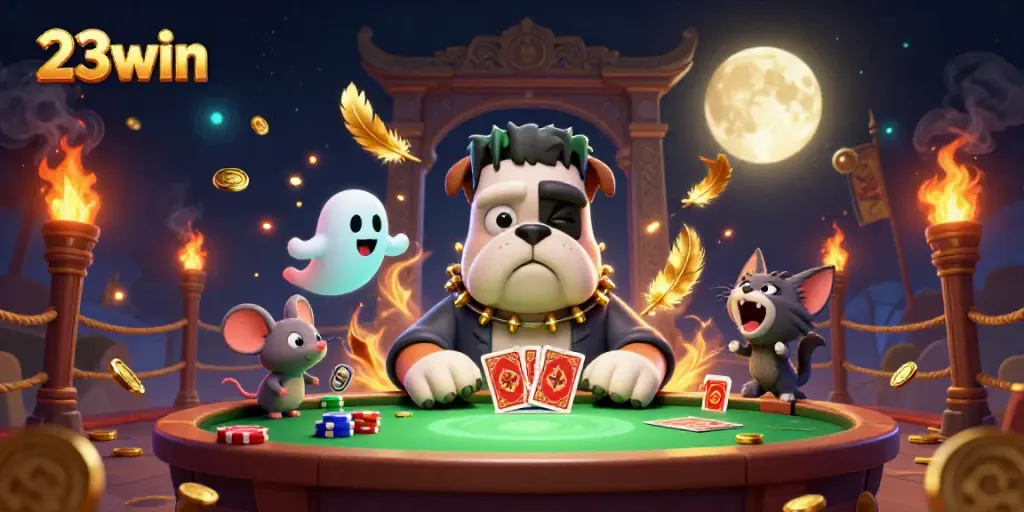 Experience the thrill of 23win with a lively scene featuring a cartoon bulldog dealer and whimsical characters shuffling cards.